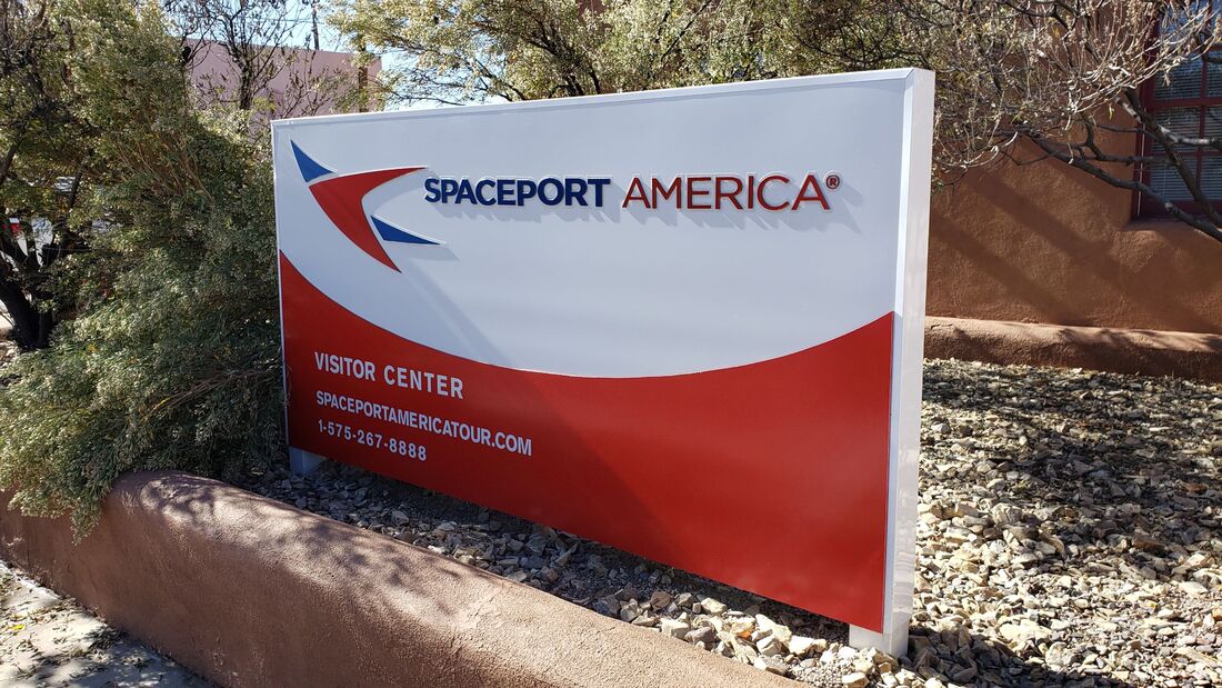 Spaceport America sign at visitor center in Truth or Consequences, New Mexico