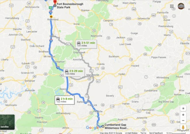 Our travel route from Cumberland Gap, Tennessee to Boonesborough, Kentucky