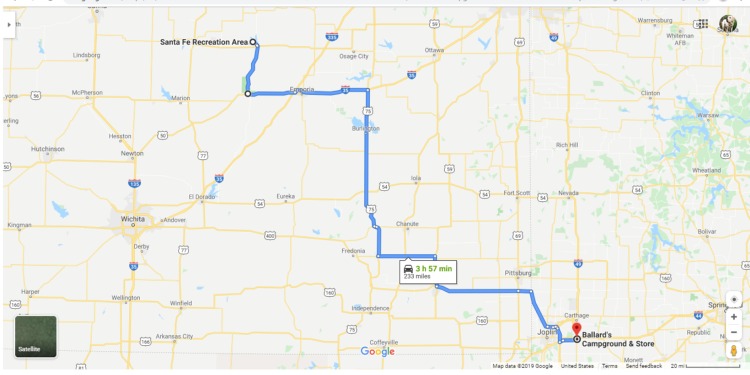 Travel Route from Council Grove, Kansas to Joplin, Missouri