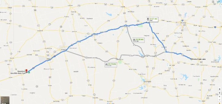 Travel route from Coleman, Texas to Monahans, Texas